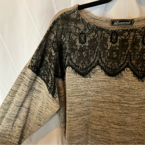 Loramendi Women’s Long Sleeve Heathered Oatmeal color with Black lace trim XL - Picture 8 of 16